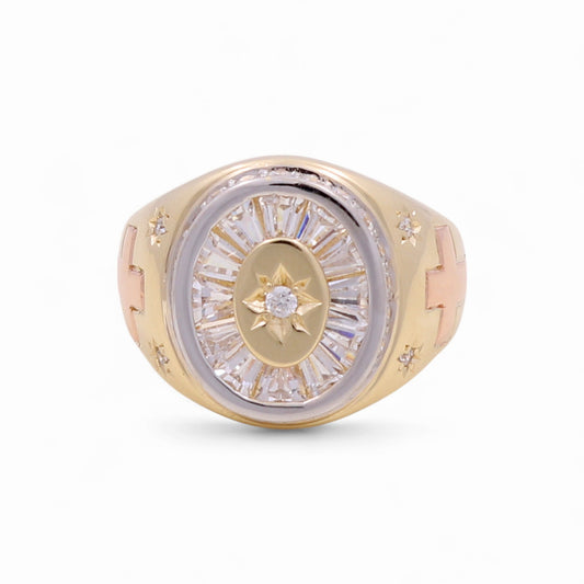 14K Yellow, White and Rose Fashion Men's Ring with Cross and Cz / Size: 10 / Weight: 8.8 GR / KEEMR3T4FS-1