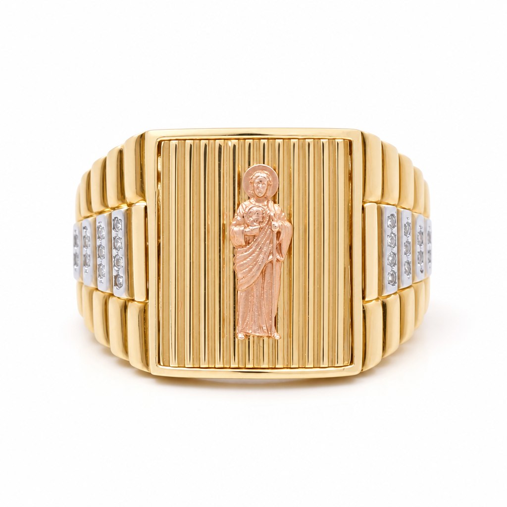 14K Yellow, White and Gold San Judas Men's Ring with Cz / Size: 10 / Weight 9.9 GR / COMR4RCT3TSJCZ