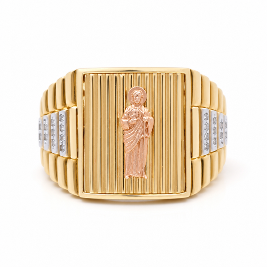 14K Yellow, White and Gold San Judas Men's Ring with Cz / Size: 10 / Weight 9.9 GR / COMR4RCT3TSJCZ