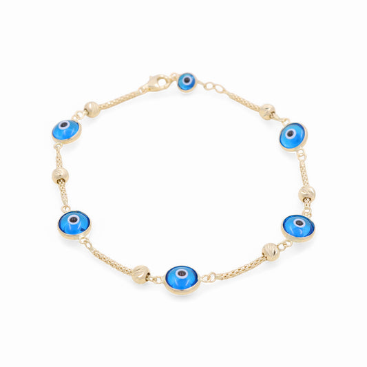 14K Yellow Gold Women's Five Evil Light Blue Eye Bracelet / Size: 7" / Weight: 3.9 GR / BOWB4EY-1