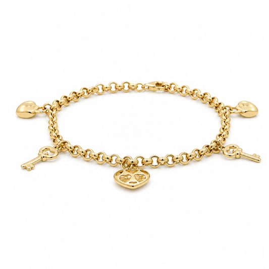 10k Yellow Gold Fashion Rolo Women's Bracelet with Hanging Charms / Size: 7.5" / Weight: 4.5 GR / DQWB0FS-9