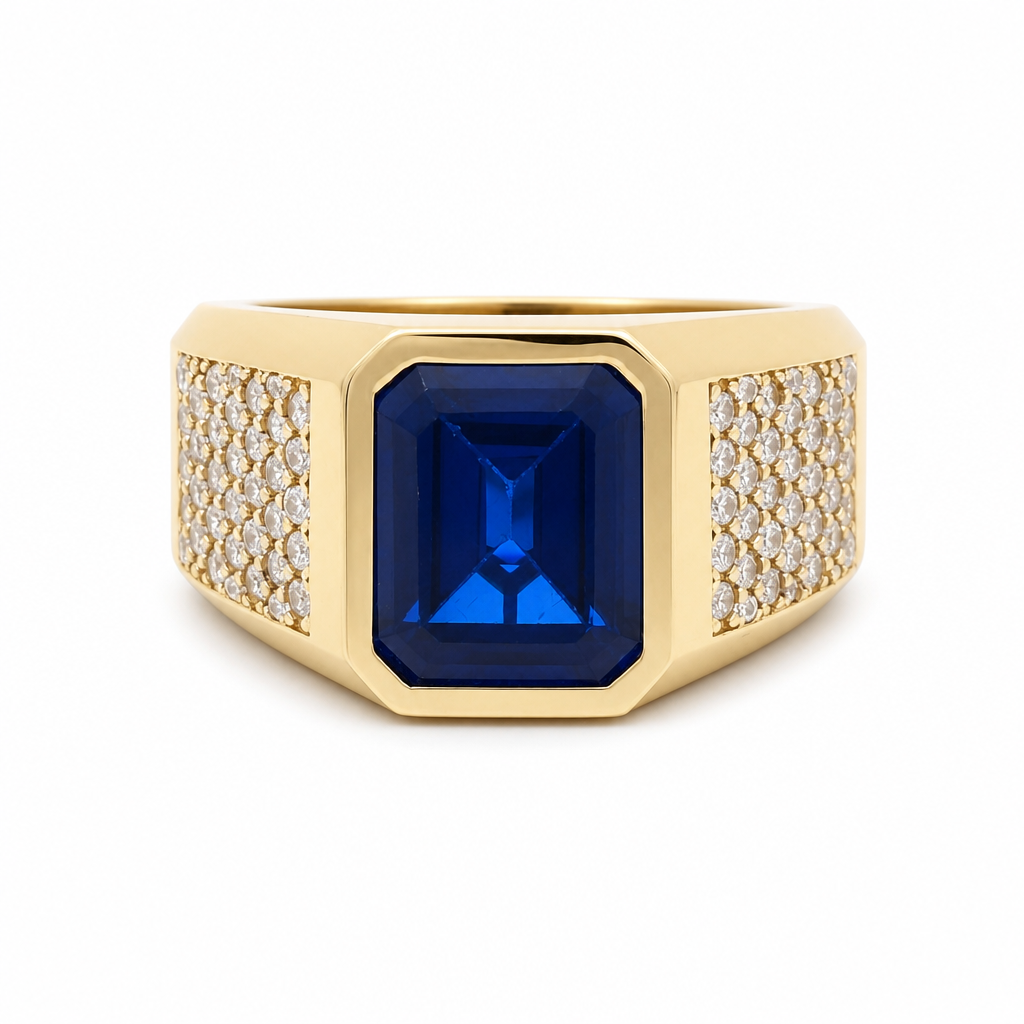 14K Yellow Gold Fashion Men's Ring with Blue and White Cz / Size 11 / Weight 10.9 GR / BOMR4FS-1