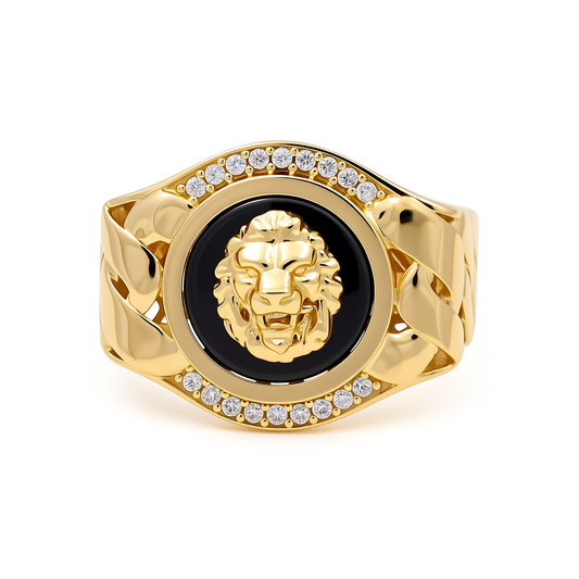 10K Yellow Gold Lion RD Men's Ring with Onyx and Cz / Size: 10.5 / Weight: 7.4 GR / P04FM-693
