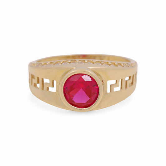 14k Yellow Gold Round Kids Ring with Greek and Red Cz / Size 4.5 / Weight 2.5 GR / COKR4FS