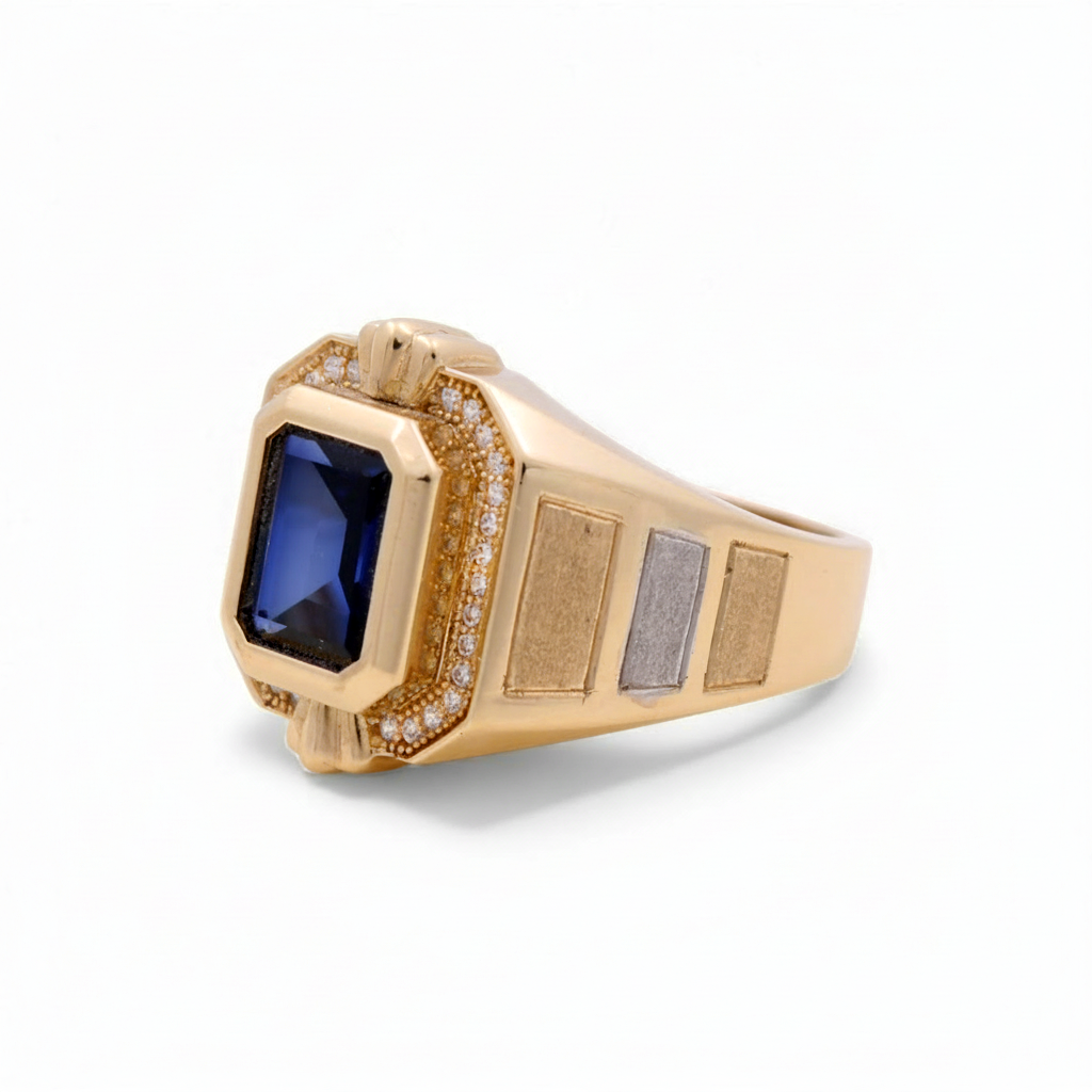 14k Yellow Three Tone Men's Ring with Blue Cz / Stone: Cz/ Size 10/  Weight:10 GR / BOMR3T4FS