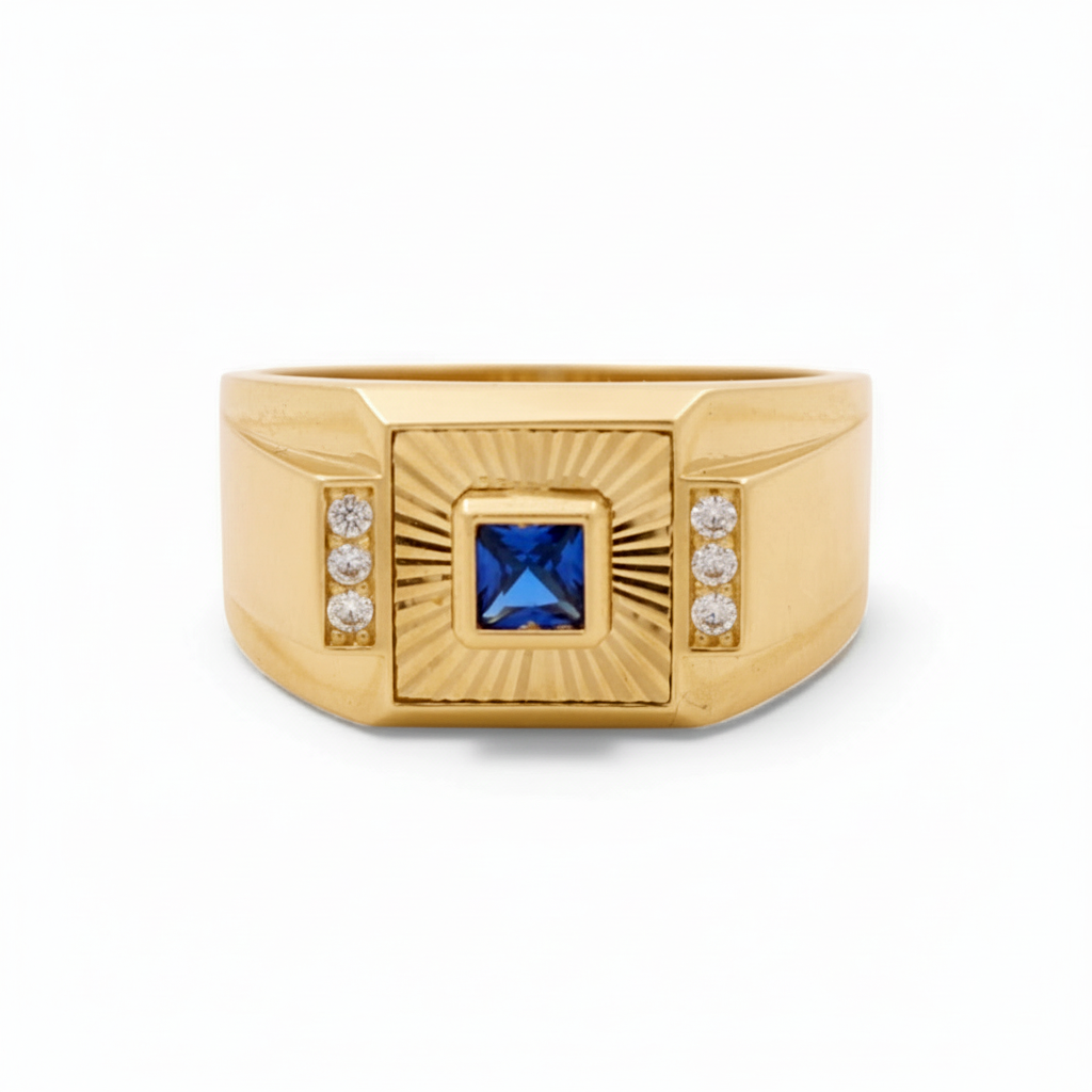 14K Yellow Gold SQ Fashion Men's Ring with Blue Cz / Size: 10.5 / Weight: 4.6 GR / DQMR4FS-4