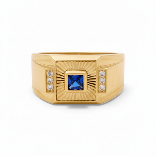 14K Yellow Gold SQ Fashion Men's Ring with Blue Cz / Size: 10.5 / Weight: 4.6 GR / DQMR4FS-4