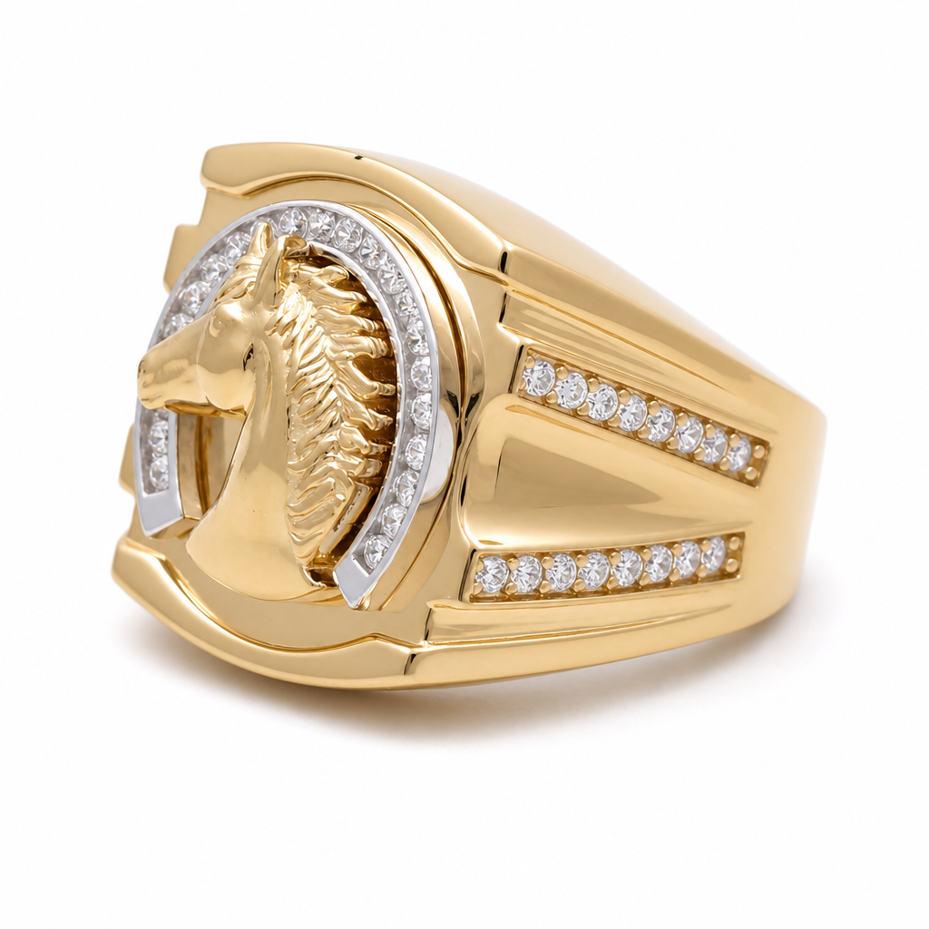 14K I Yellow Gold Men's Horse Ring with Cz Stone / Size: 10 / Weight: 12.8 GR / 711-00289