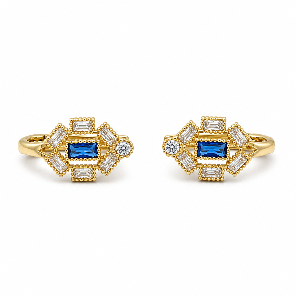 14K Yellow Gold Stud Earrings with White and Blue Cz / Weight 1.1 GR / COES4CZ-1