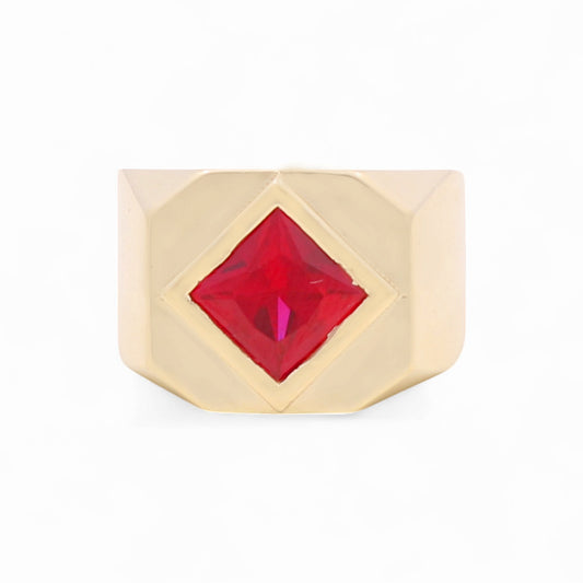 14K Yellow Gold Rhombus Men's Ring with Red Cz / Size: 10 / Weight: 7.5 GR / BOMR4FS-43