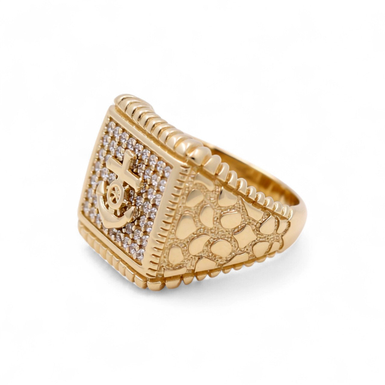 14K Yellow Gold Anchor Men's Ring with Cz and Nugget / Size: 10.5 / Weight: 8.2 GR / COMR4AN-1