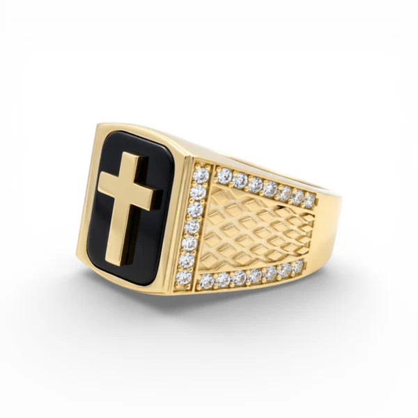 14K Yellow Gold SQ Cross Men's Ring with Onyx and Cz / Size:11.5 / Weight: 7.9 GR / CQMR4CS