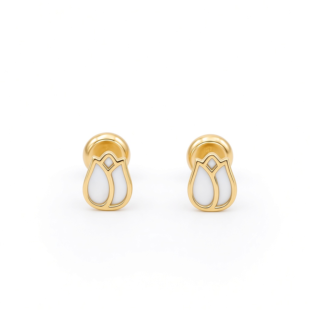14K Yellow Gold Flower Stud Earrings with Mother of Pearl / 6-490701PN