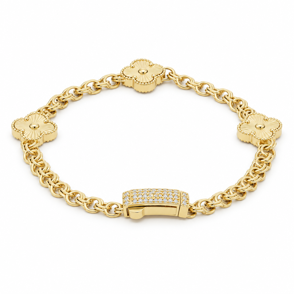 14K Yellow Gold Chinese Women's Bracelet with Three Clovers / Size: 7.5'' / Weight: 9.8 GR / DOWB4CHCLV