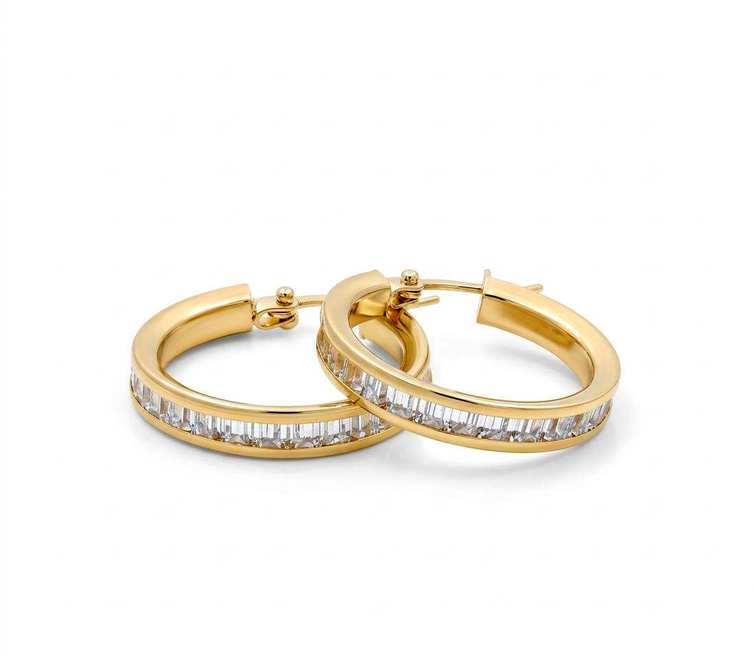 14K Yellow Gold Hoops Earrings with Baguette / Size: 3.2mm 17mm / Weight: 2.8 GR / DCFEH4FS3.2-17
