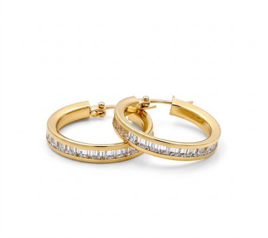 14K Yellow Gold Hoops Earrings with Baguette / Size: 3.2mm 17mm / Weight: 2.8 GR / DCFEH4FS3.2-17