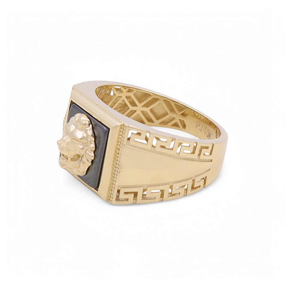10K Yellow Gold Lion SQ Men's Ring with Greek and Onyx / Size: 9.5 / Weight: 5.8 GR / BPMR0LNGR