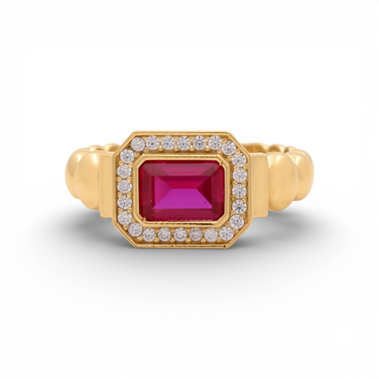 14K Yellow Gold Fashion Women's Ring with Red Cz / Size: 7.5 / Weight: 3.2 GR / YRF-3839