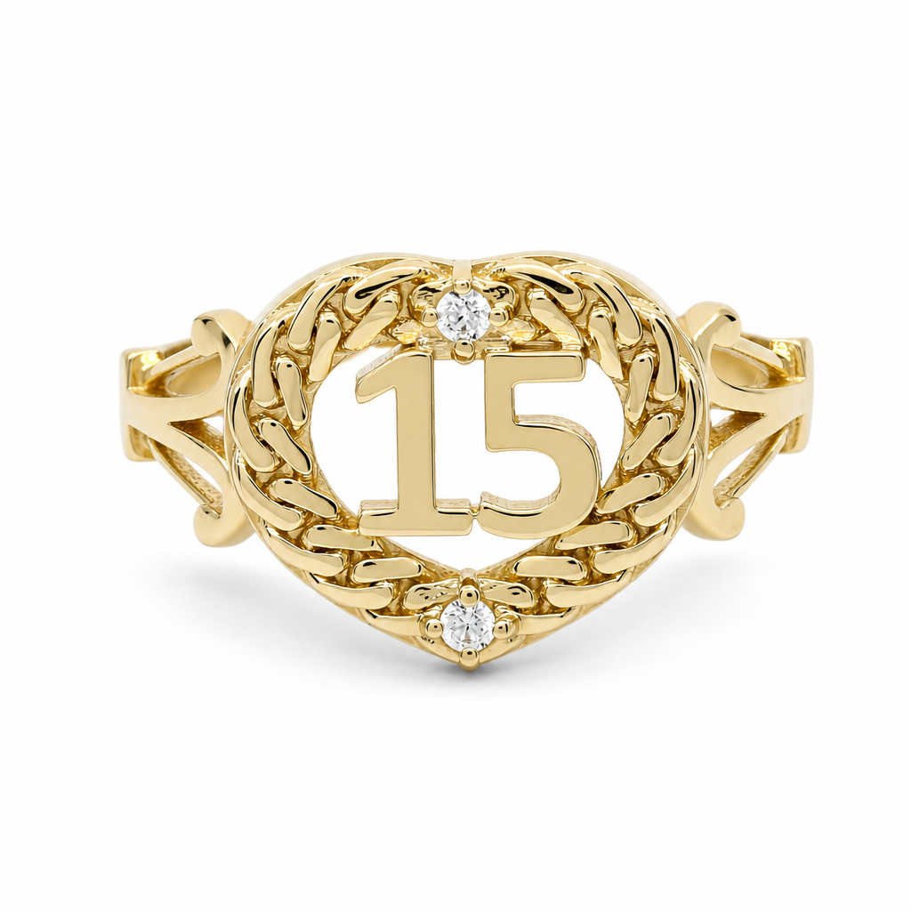 10K Yellow Gold Quinceanera Women's Ring with Heart and Cz / Size: 8 / Weight: 3.3 GR / LLBWR0HR15-1