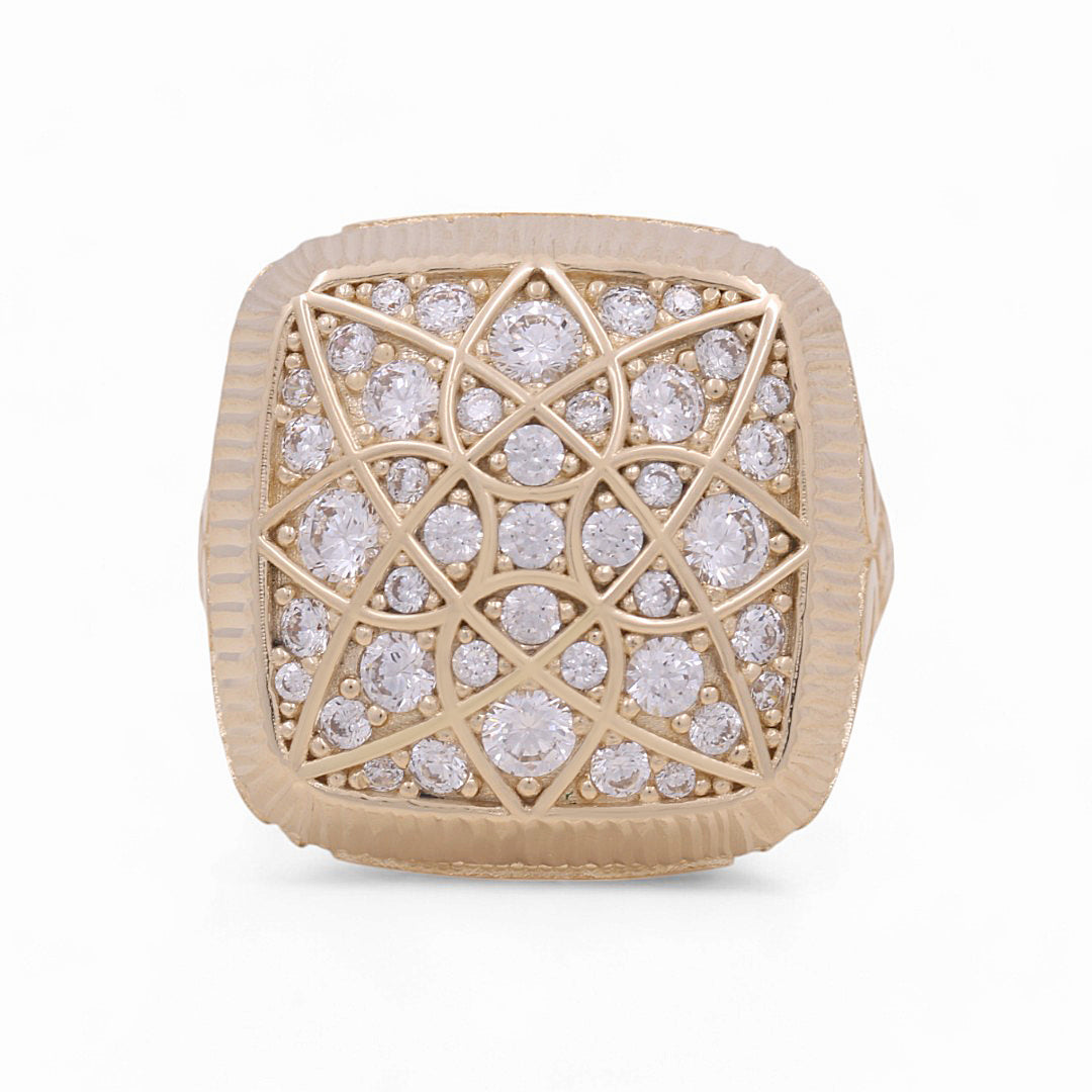 14K Yellow Gold Rosetta Style Men's Ring with CZ / Size: 11 / Weight: 13.9 GR / DPMR4FS-1