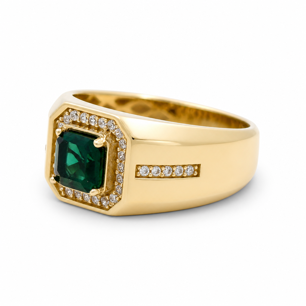 10K Yellow Gold Men's Ring with Cz and Green Stone / Size: 10 / Weight: 5.1 GR / 602-00214