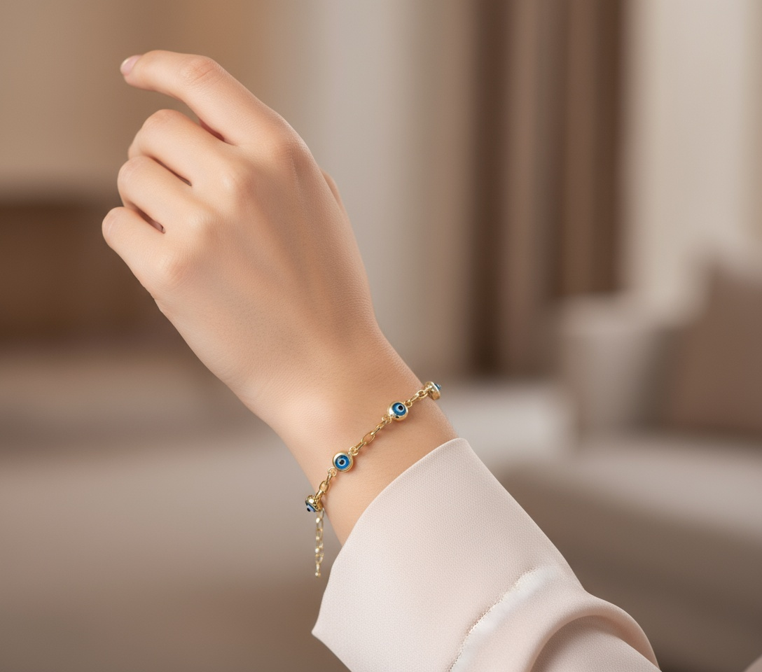 14K Yellow Gold Women's Evil Blue Eyes Mariner Bracelet / Size: 7.5" / Weight: 4.5 GR / BOWB4EY-7