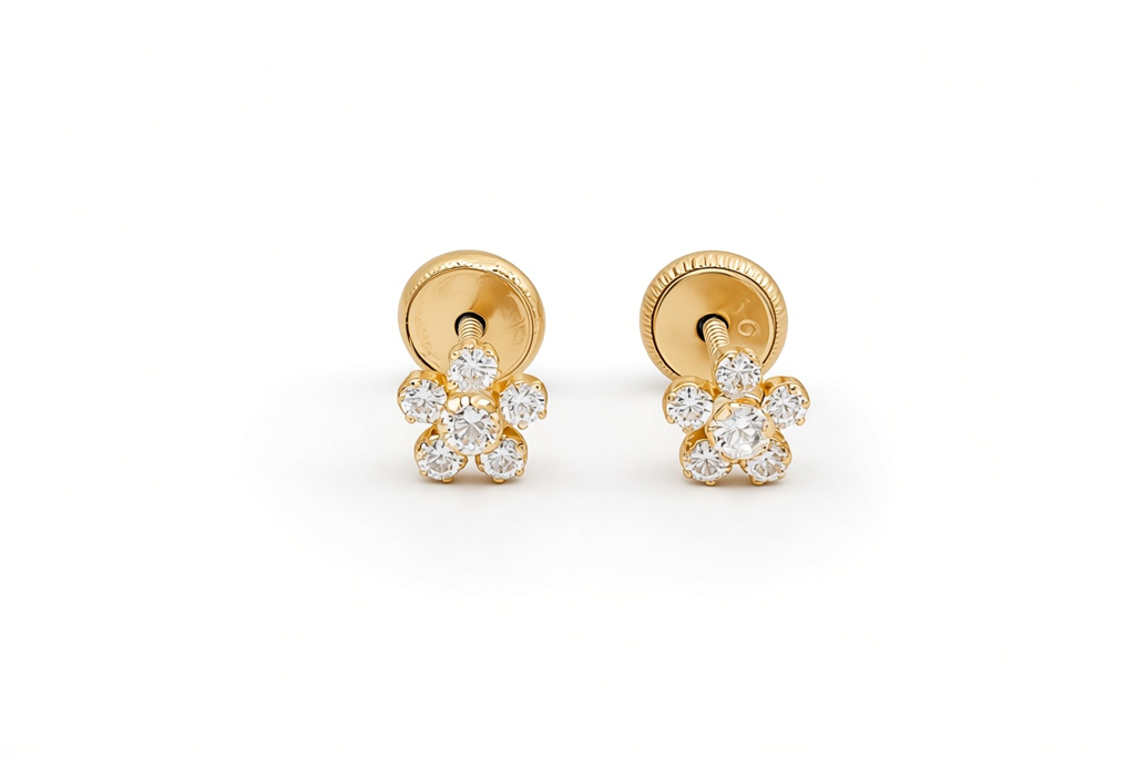14K Yellow Gold Fashion Flower Stud Earrings with Cz / 6-399701PS5