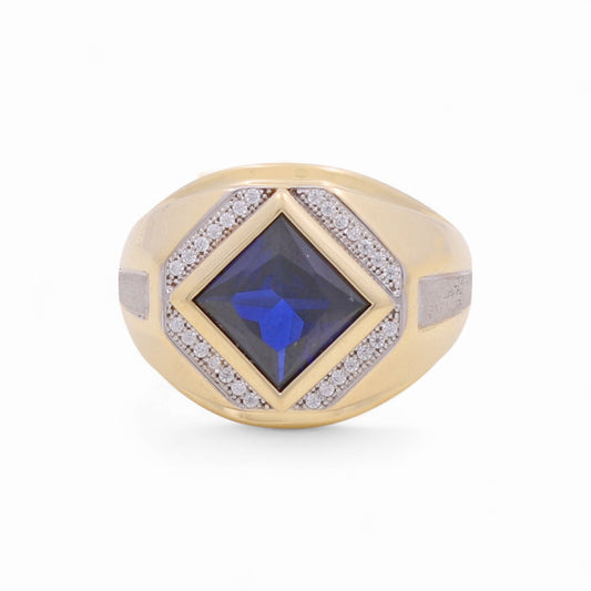 14K Yellow and White Gold Rhombus Men's Ring with Blue Cz / Size: 10 / Weight: 9.6 GR / KEEMRTT4FS-5
