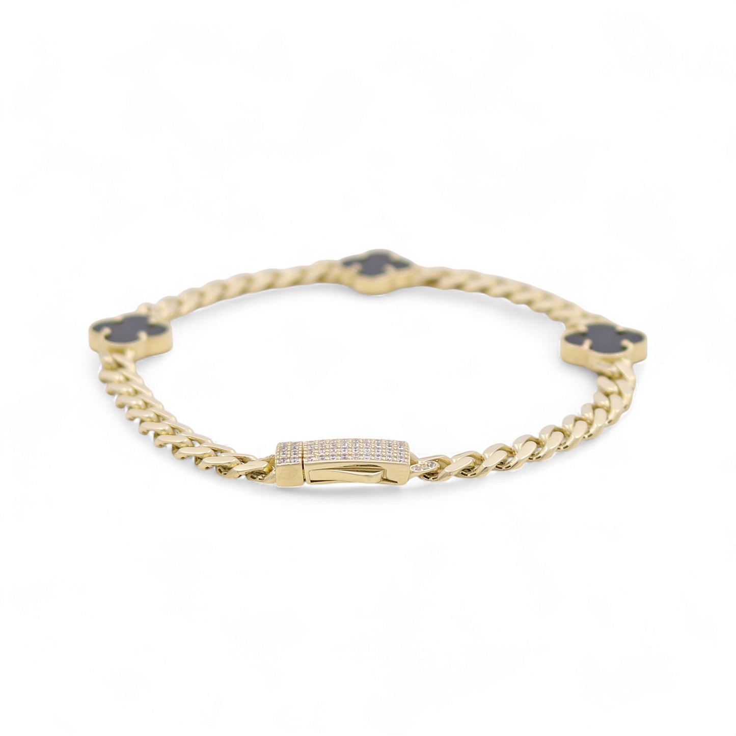 10K Yellow Gold Monaco Women's Bracelet With Three Black Clover and Cz / Size: 7.5" / Weight: 7.7 GR / CQWB0MONCLV-1