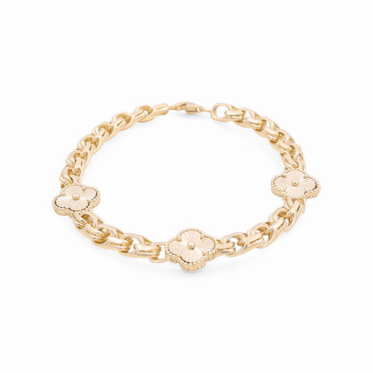 14K Yellow Gold Chinese Link Women's Bracelet with Gold Clover / Size: 7.5” / Weight: 13.6GR / DOWB4CLV