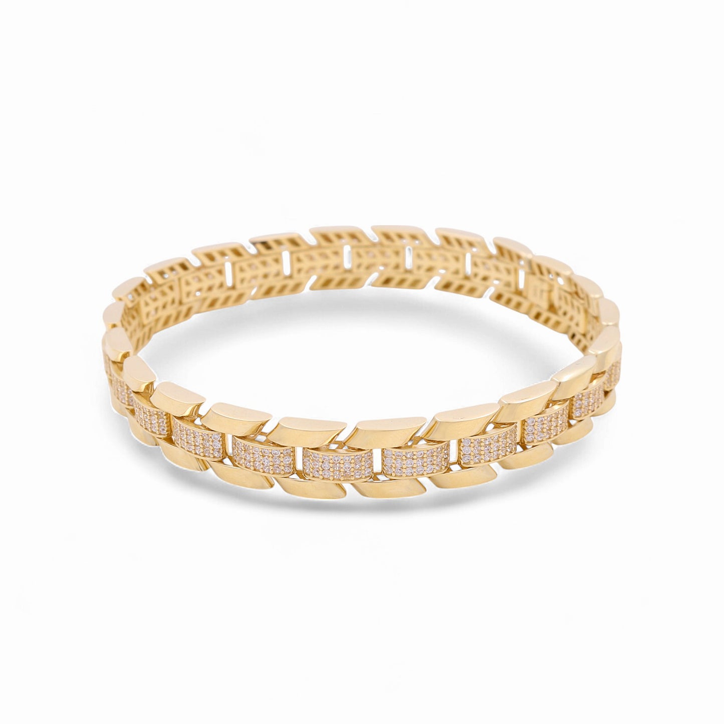 14K Yellow Gold Semisolid Italian Men's Bracelet with Cz / Size: 8.5" / Weight: 22.1 GR / 475-01678