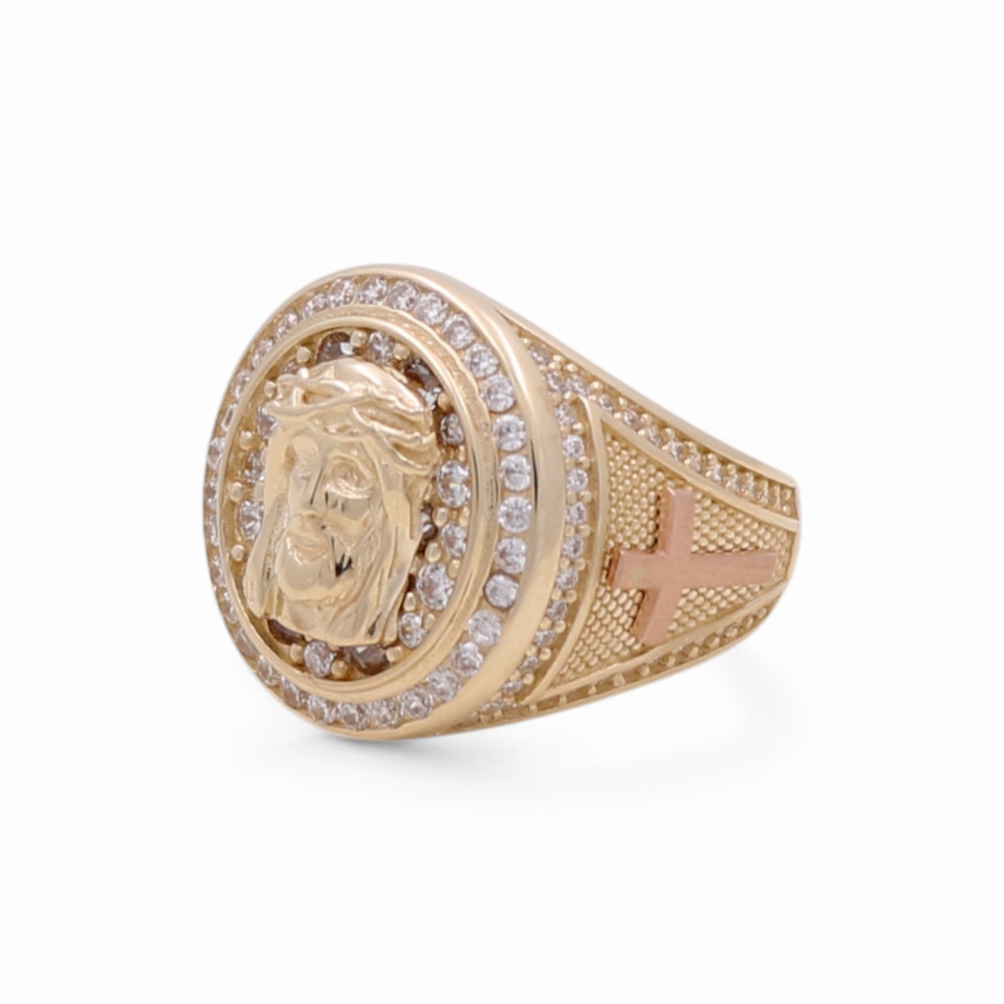 14K Yellow and Rose Gold Christ Head Men's Ring with White Cz / Size: 11.5 / Weight: 9.8 GR / DQMRTT4CR