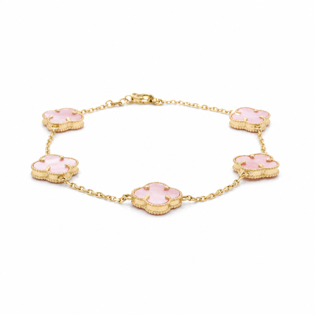 14K Yellow Gold Five Pink Clovers Women's Bracelet / Size: 7" 11MM / Weight: 4.3 GR / CQWB4CLV
