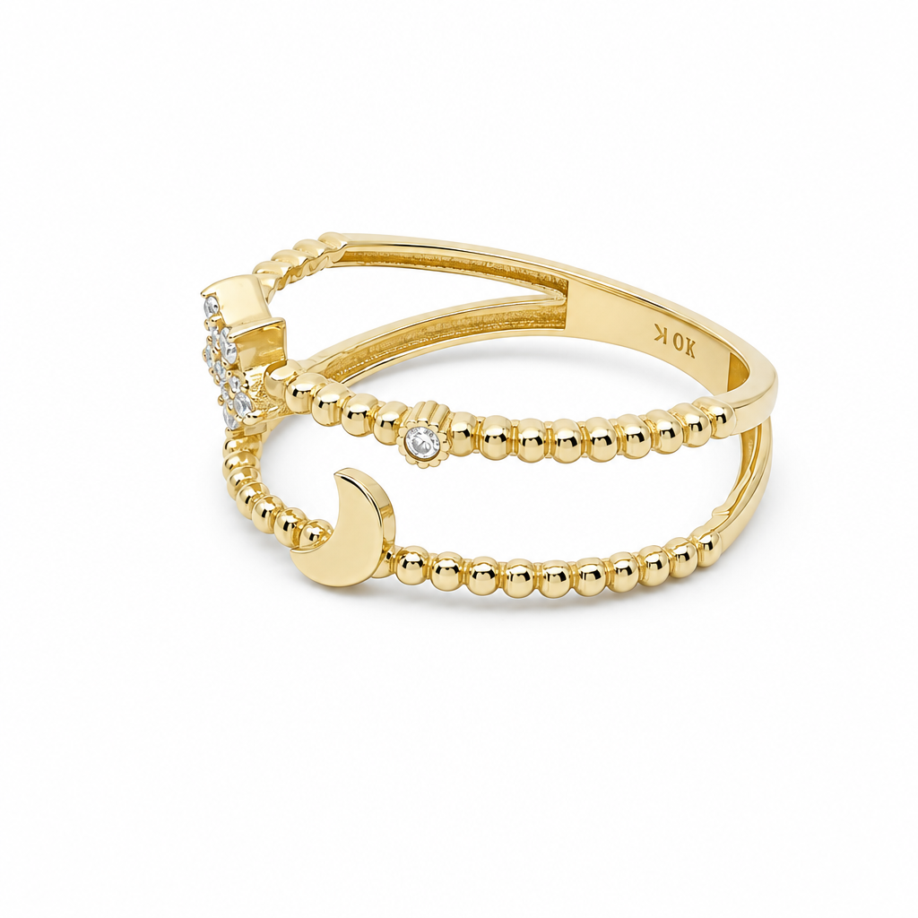 10K Yellow Gold Women's Ring With Moon and Star / Size: 8 / Stone CZ / Weight: 1.6 GR / DQWR0ST-4