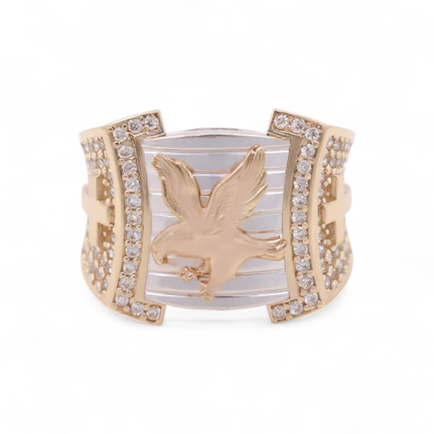 14K Yellow, White and Rose Gold Eagle Men's Ring with Cz / Size: 10.5 / Weight: 9.5 GR / COMR3T4EG-1