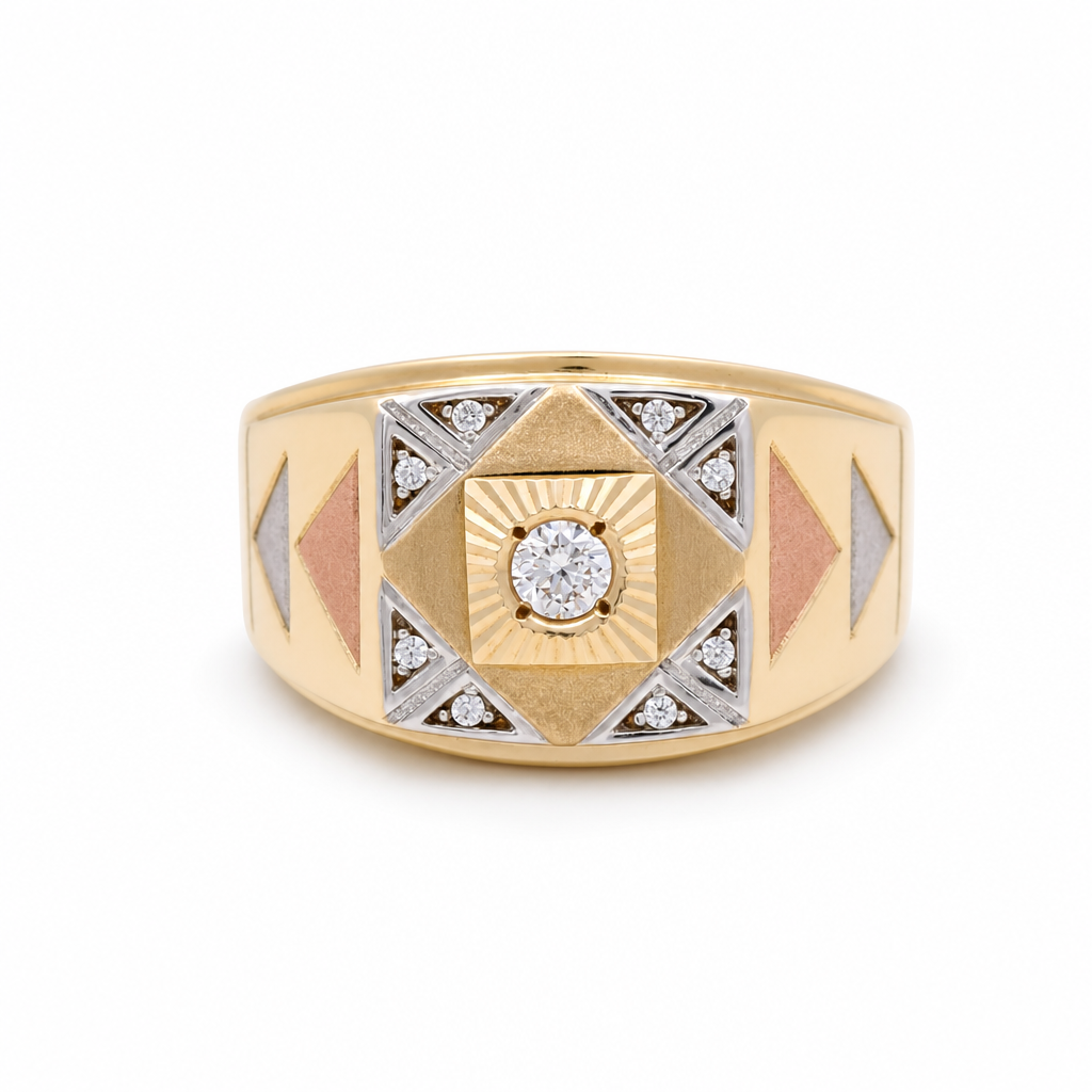 14K Yellow, White and Rose Gold Fashion Men’s Ring with Cz / Size 10 / Weight: 7.9 GR / CEEMR3T4FS