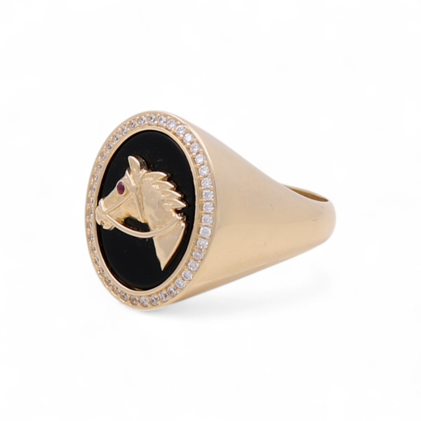 14K Yellow Gold Fashion Oval Horse Men's Ring with Onyx and Cz / Size: 10.5 / Weight: 7.4 GR / CQMR4HR-1