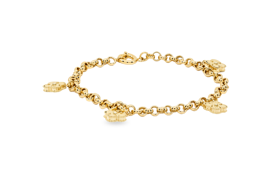 10K Yellow Gold Rolo Women's Bracelet with Hanging Clovers / Size: 7.5" / Weight: 4.8 GR / B25-96