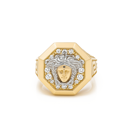 14K Yellow and White Fashion Medusa Men's Ring with White Cz / Size: 11.5 / Weight: 9.8 GR / DQMRTT4VS