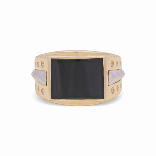 14K Yellow and White Fashion Men's Ring with Onix and Cz / Size: 10 / Weight: 6.8 GR / KEEMRTT4FS