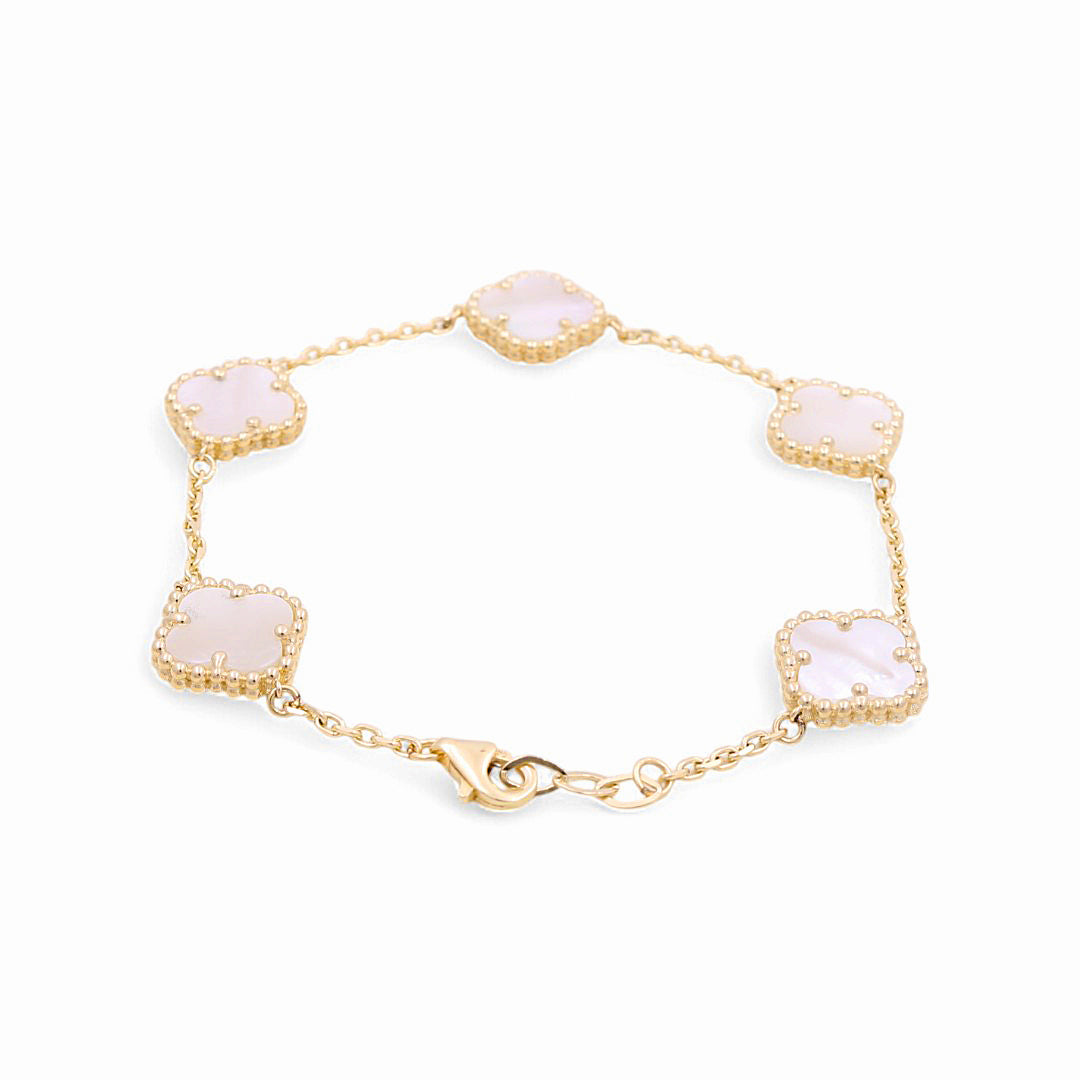 14K Yellow Gold Women's Bracelet with 5 Mother of Pearl Clover / Size: 7" / Weight: 7 GR / BOWB4CLV-6