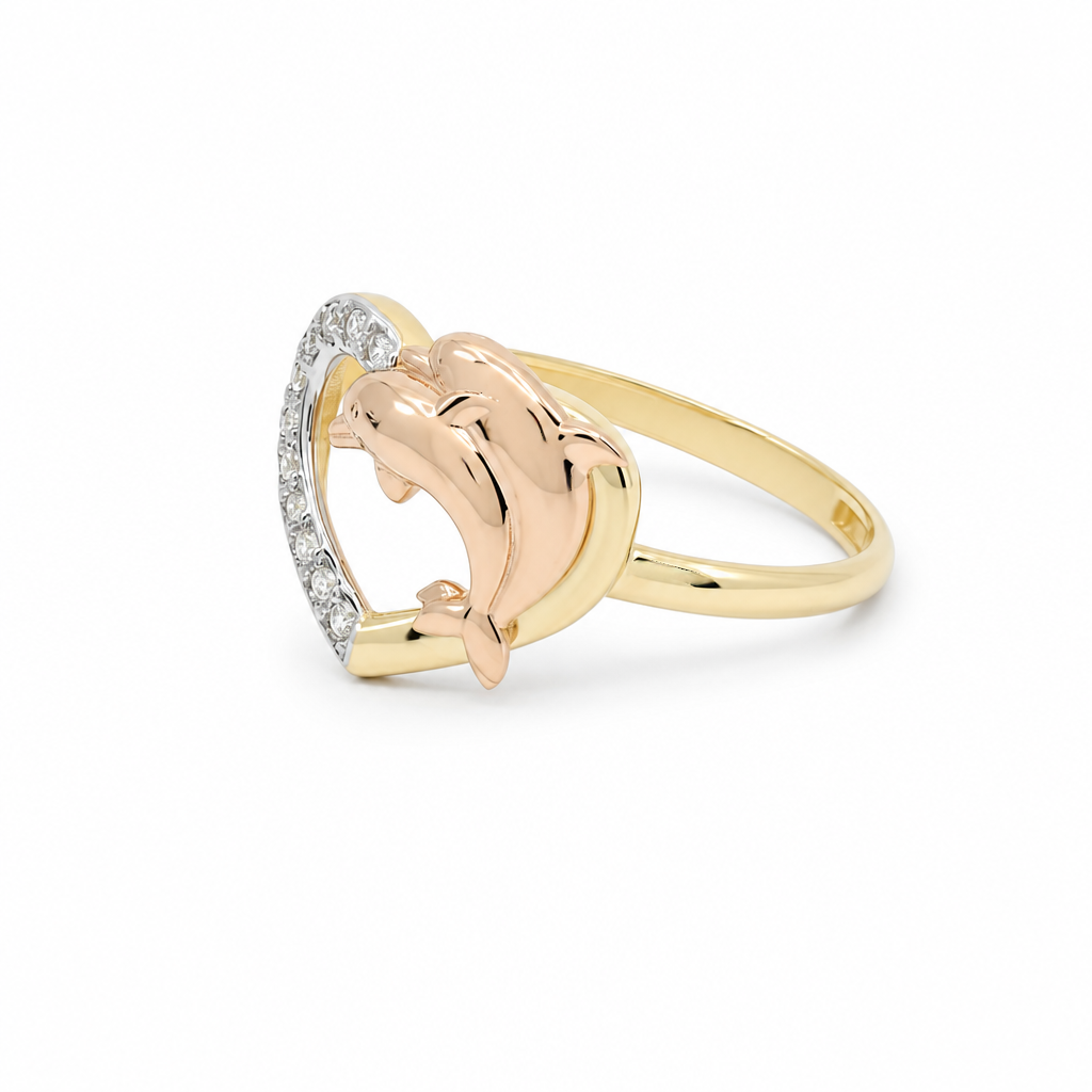 14K Yellow and Rose Gold Heart Women's Ring with Dolphins / Size: 7 / Weight: 1.8 GR / DQWRTT4HR