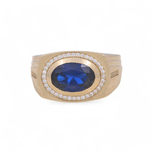 14K Yellow Gold Fashion Men’s Ring / CZ / Blue Stone / Size 10 / Weight: 7.8 GR / BOMR4FS-30