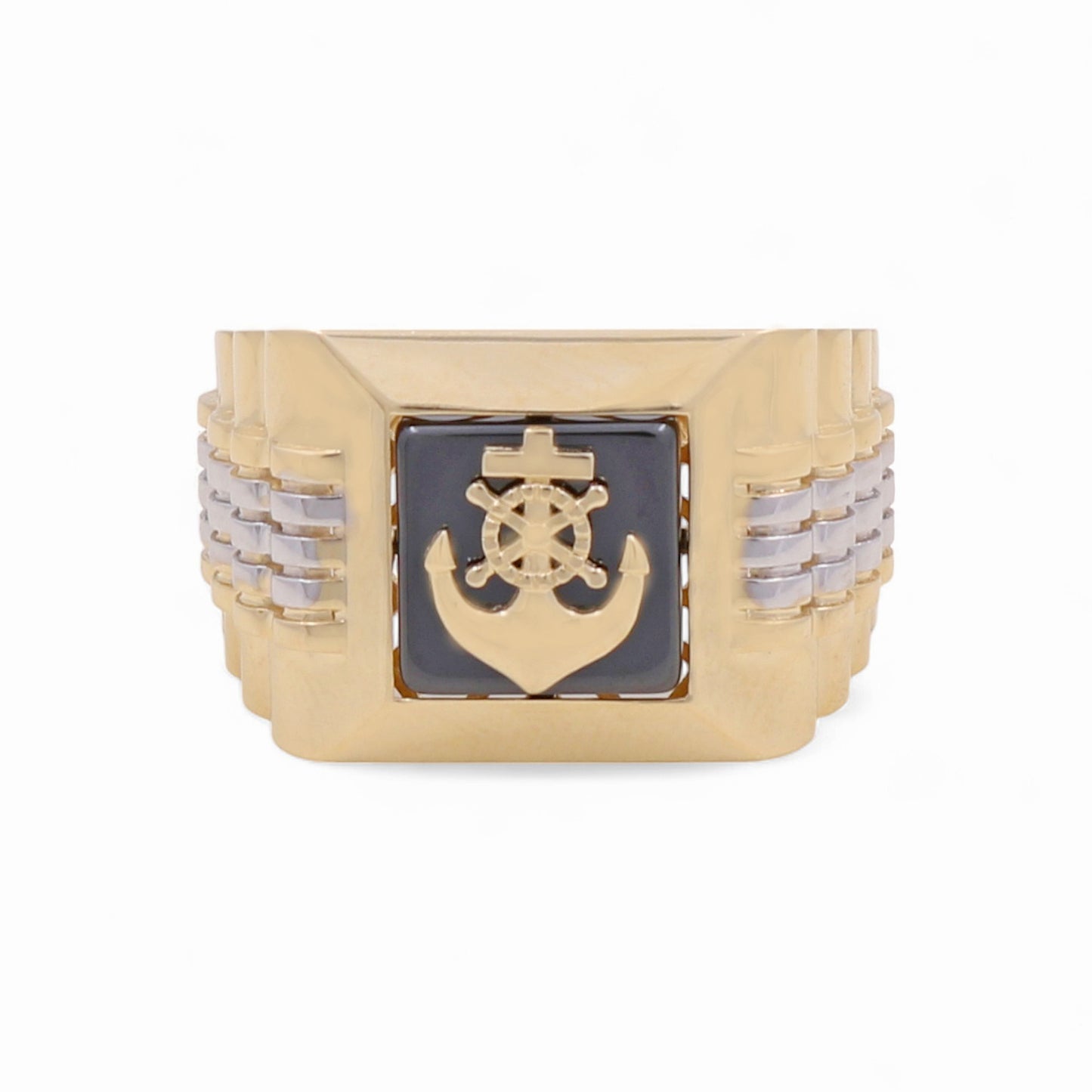 14K Yellow and White Gold Anchor Men’s Ring with Onyx Stone / CZ / Size 11 / Weight: 8 GR / CPMRTT4AN