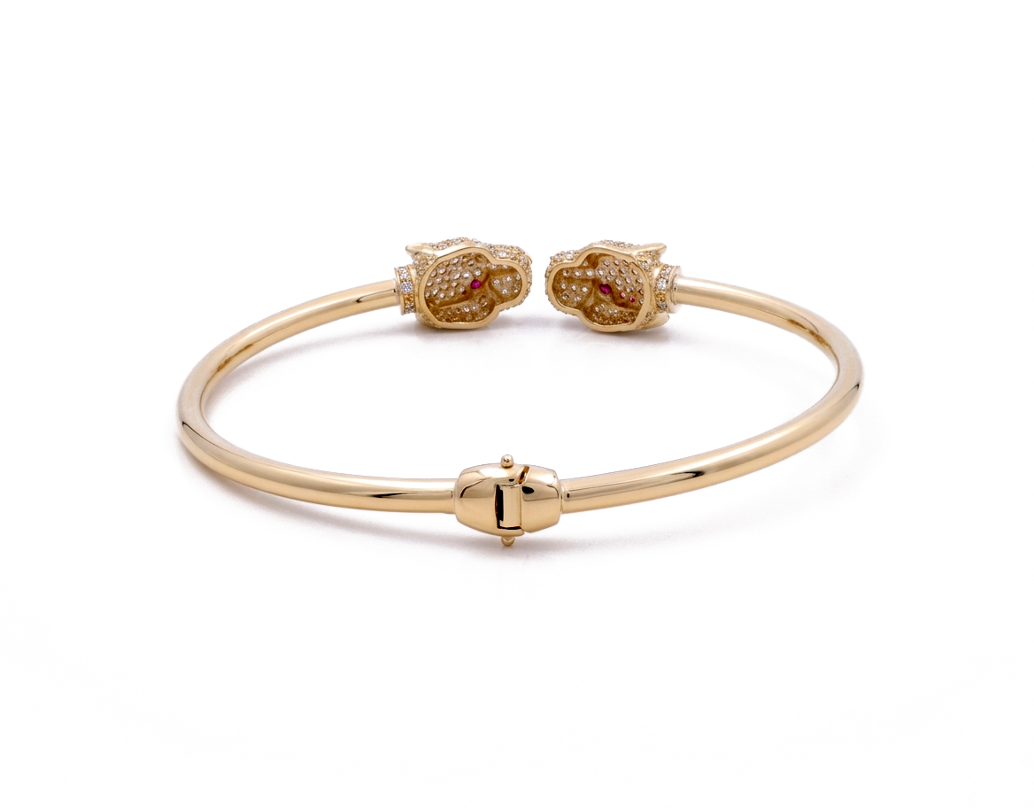 14K Yellow Gold SemiSolid Bangle Bracelet with Panther and Cz / Weight: 9.4 GR / CCFBB4PT