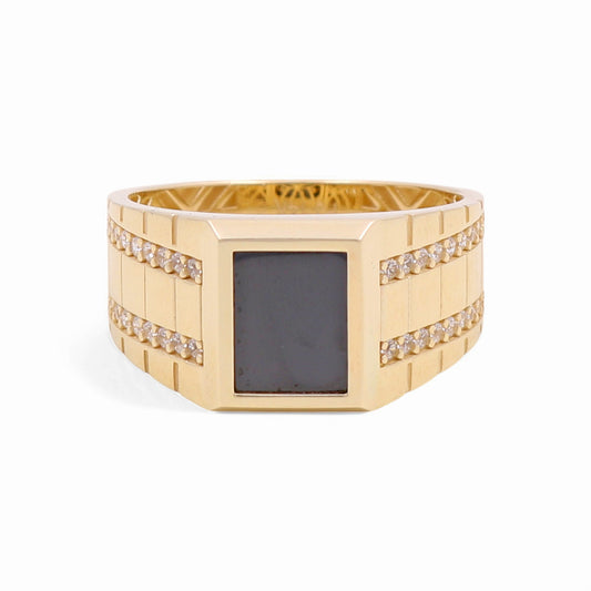 14K Yellow Gold SQ Men's Ring with Onyx and Cz / Size: 10 / Weight: 6.2 GR / CPMR4FS-9