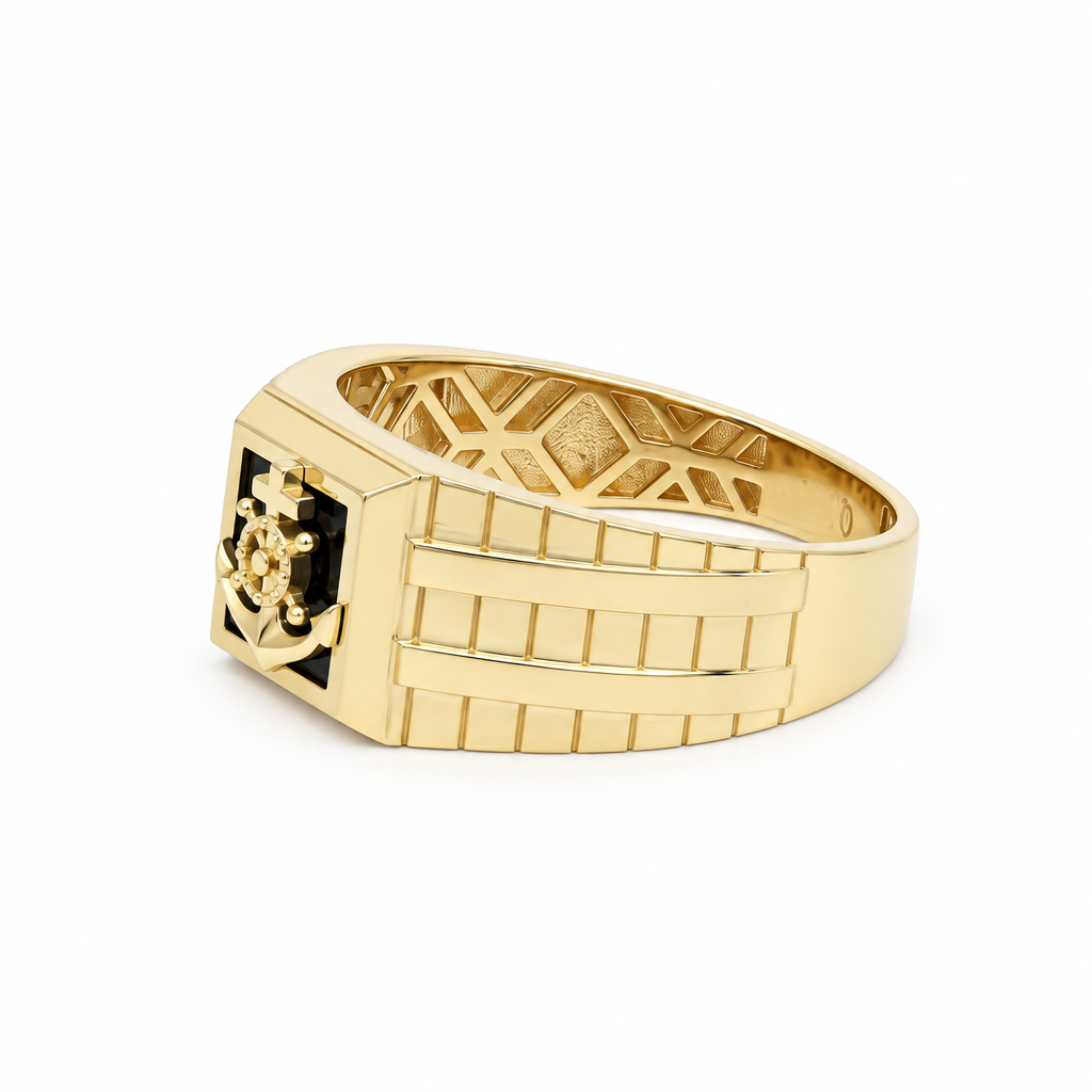 14K Yellow Gold Anchor Men’s Ring with Onyx / Size 11 / Weight: 4.7 GR / DQMR4AN-2