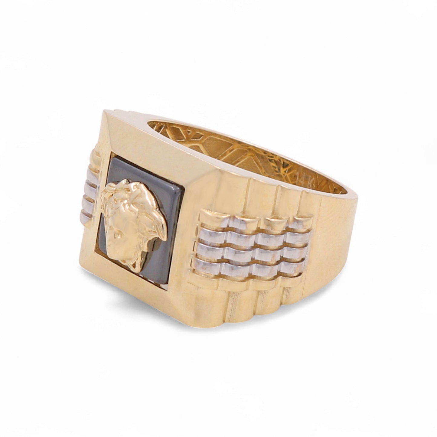 14K Yellow and White Gold SQ Fashion Medusa Men's Ring With Onyx / Size: 10 / Weight: 7.8 GR / CPMRTT4VS