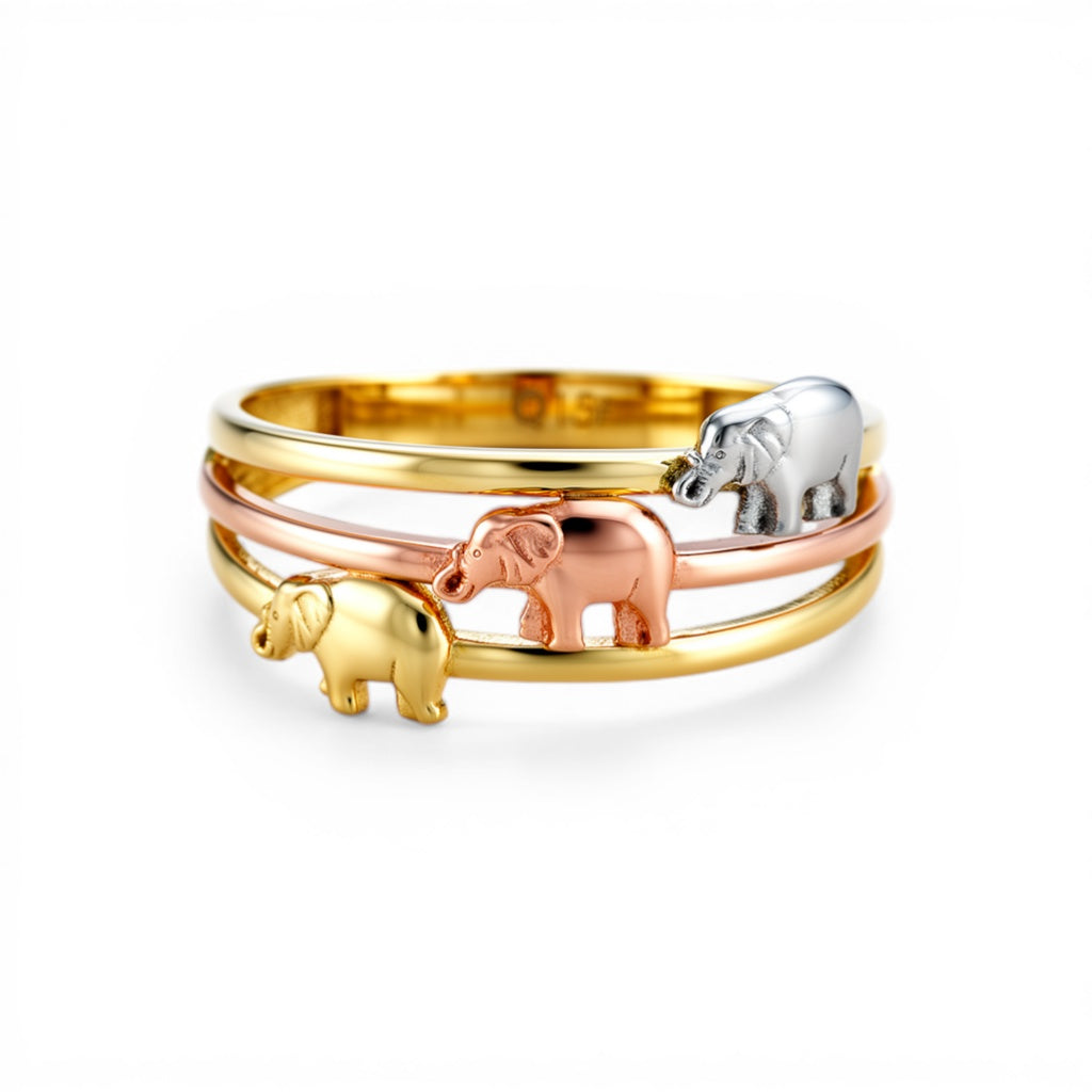 10K Yellow, White and Rose Gold Three Elephants Women's Ring / Size: 8 / Weight: 1.9 GR / DQWR3T0EP