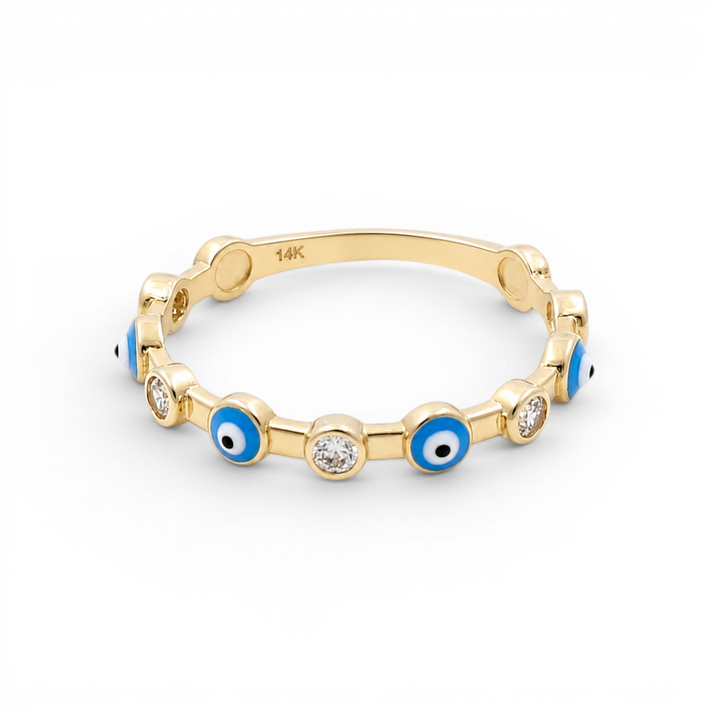 14K Yellow Gold Fashion Women's Rings with Blue Eye and Cz / Size: 7.5 / Weight: 1.5 GR / 401-01232